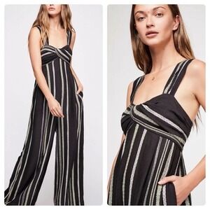 Free People Breezin' Through Black Striped Wide Leg Jumpsuit Small
